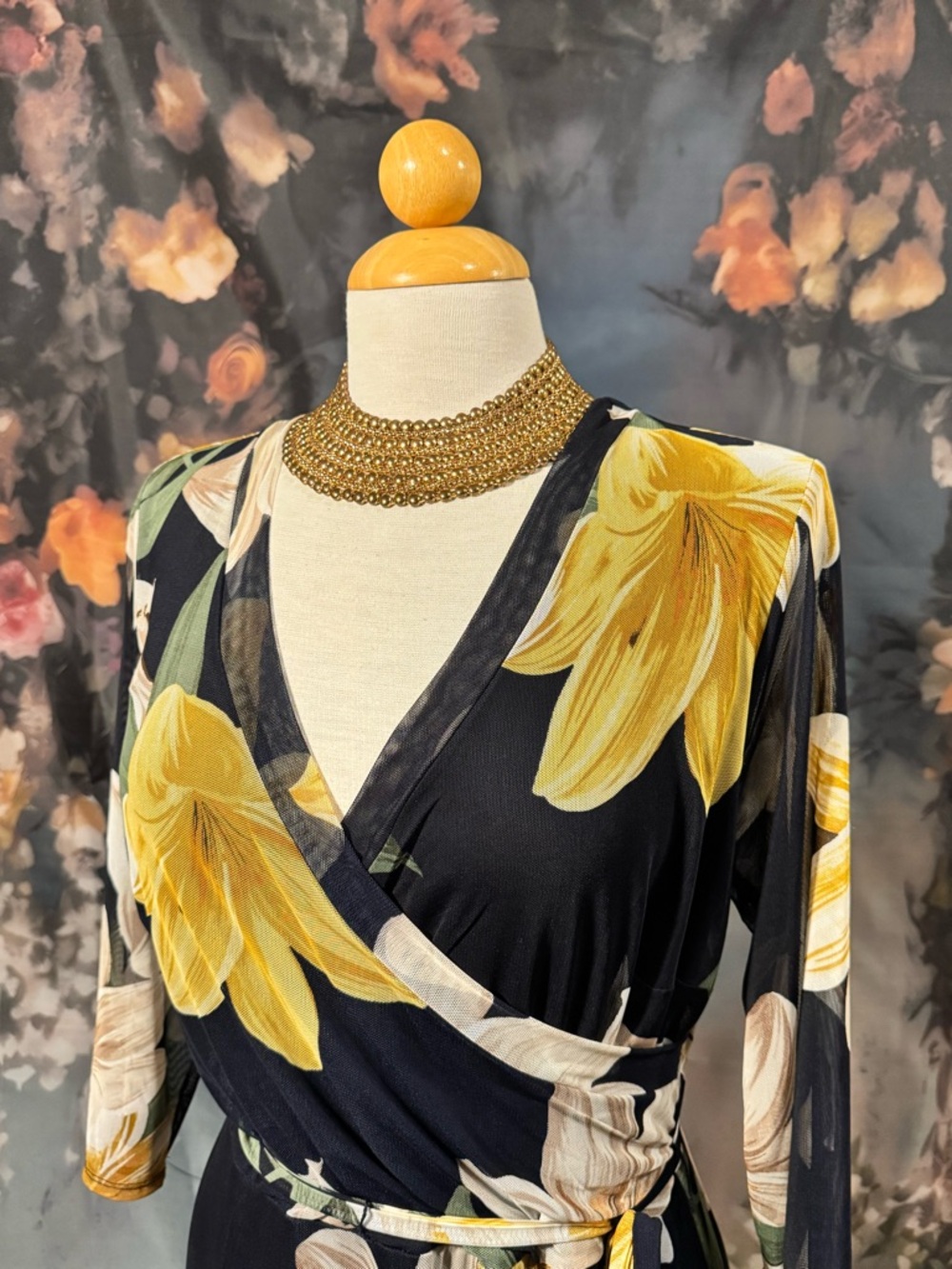 Black Floral Faux Wrap Maxi Dress with Yellow Bloom Accents - Picture 3 of 9